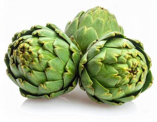 Obraz premium Two fresh raw artichokes isolated on white background. Top view.