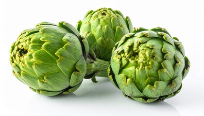 Two fresh raw artichokes isolated on white background. Top view.