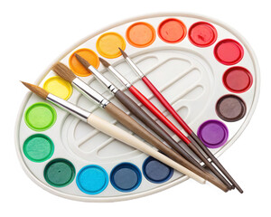 Obraz premium Colorful artist paint palette with brushes ready for creative watercolor painting projects isolated on transparent background
