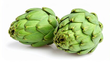 Obraz premium Two fresh raw artichokes isolated on white background. Top view.