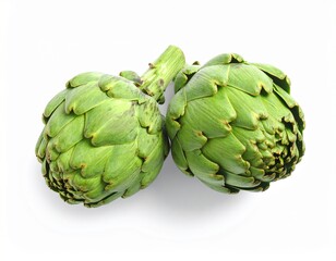 Obraz premium Two fresh raw artichokes isolated on white background. Top view.