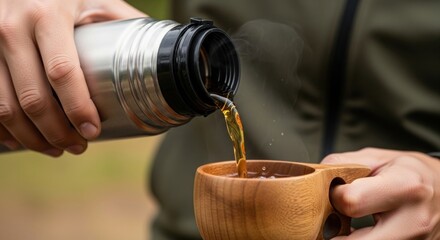 Steaming hot beverage poured from a stainless steel thermos into a rustic wooden cup outdoors