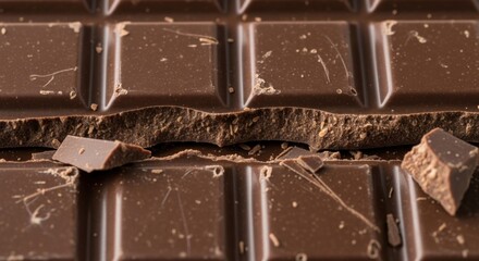 Macro Close-up of Rich Dark Chocolate Bar with Broken Pieces and Crumbs
