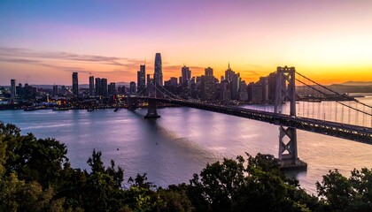 Obraz premium City skyline with bridge at sunset reflecting on the water