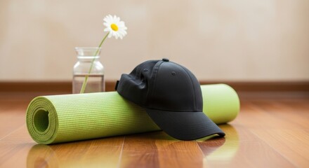 Zen Workout Essentials: Green Yoga Mat, Black Cap, and Daisy on Warm Wooden Floor