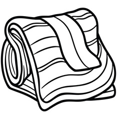 A black and white line art illustration of a soft, cozy fleece blanket rolled up neatly. This vector icon represents comfort, warmth, and lightweight bedding for home or travel © Jannatul jui