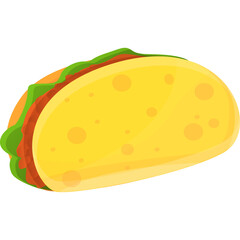 Stylized illustration of a taco with a yellow tortilla filled with green lettuce and red meat filling isolated on a transparent background