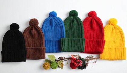 Collection of black, blue, brown, green, red and yellow knitted hats isolated, on 