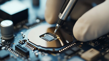 Close-up shot highlighting a technician's hand, clad in a white glove, meticulously working on a complex electronic circuit board with a precision tool in a lab setting.