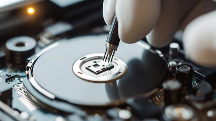 Close-up shot of a technician's gloved hand using a tool to install a microchip on a computer component, highlighting precision and technological advancement in electronics.