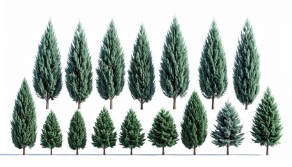 Isolated narrowleaf conifer trees for landscaping outdoor gardens and green design projects white background