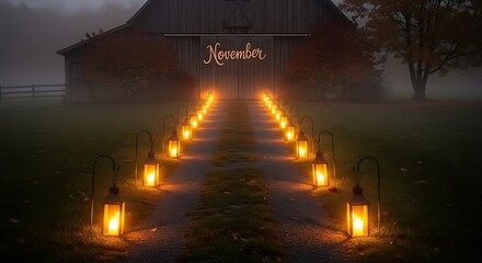 Glowing lanterns guide the path to a rustic barn in misty autumn scene
