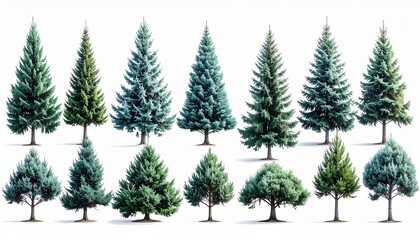 Isolated narrowleaf conifer trees for landscaping outdoor gardens and green design projects white background