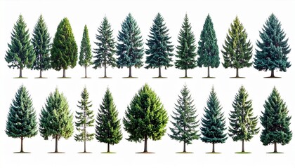 Isolated narrowleaf conifer trees for landscaping outdoor gardens and green design projects white background