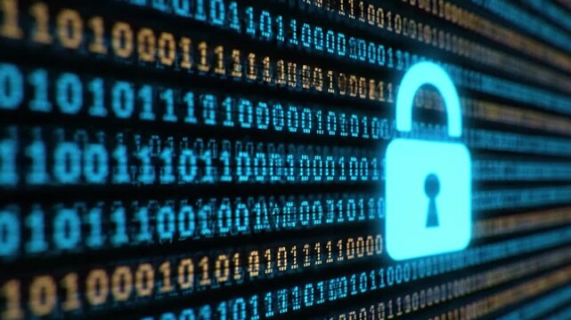 Digital padlock icon glowing on a background of binary code, representing cybersecurity and data protection concepts