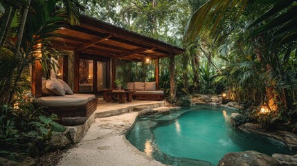 Serene Jungle Retreat: Private Poolside Cabana Amidst Lush Tropical Foliage and Warm Evening Lights