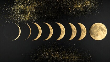 Phases of the moon captured in a stunning display of transition against a dark background with golden specks