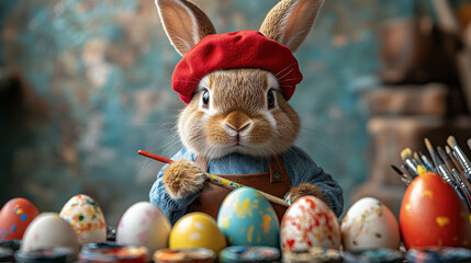 Adorable bunny artist in red beret paints colorful Easter eggs with a brush, ready for springtime celebrations and creative projects