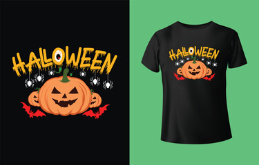 Spooky halloween t shirt design featuring a jack o lantern and dripping text with cobwebs and spiders