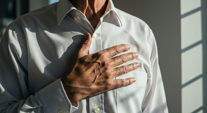 Businessman in white shirt placing hand on chest in office light. Perfect for leadership, integrity, or personal commitment themes.