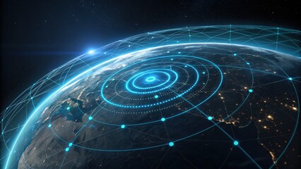 A digital representation of Earth with glowing network lines, symbolizing connectivity and technology in a space environment.