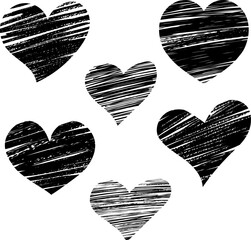 Black textured hearts scattered on a white background creating a romantic and artistic pattern