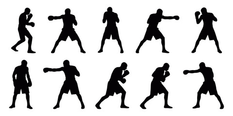 Boxer silhouettes practicing punches and training poses. Great for boxing, martial arts, gym workout, competition, and fitness sport vector illustration projects.