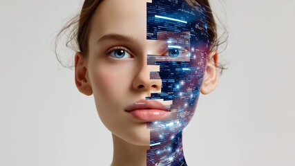 Young woman with digital overlay on face, showcasing a gradual transformation from human to digital, emphasizing the blend of technology and humanity, camera pans across the scene - Powered by Adobe