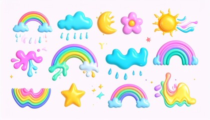 3d render color abstract liguid shape. Kid doodle graphic element. Cute cloud, flower 
