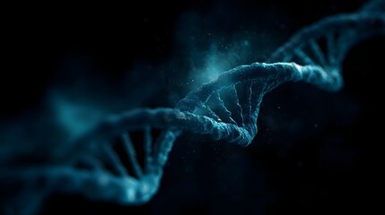 A glowing blue DNA double helix with intricate texture on a dark smoky scientific background