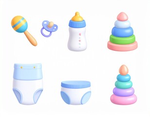 Fototapeta premium 3d baby, kids toy and object icons. Bottle, pacifier, rattle, diaper, pyramid isolate 