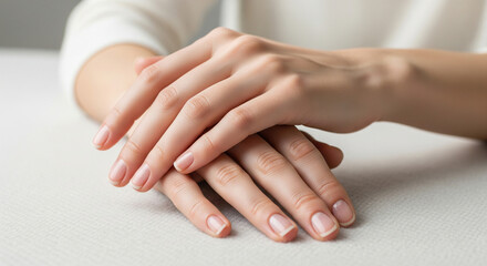 Fototapeta premium Young woman's hands gracefully arranged on a soft surface in a minimalist setting, close-up