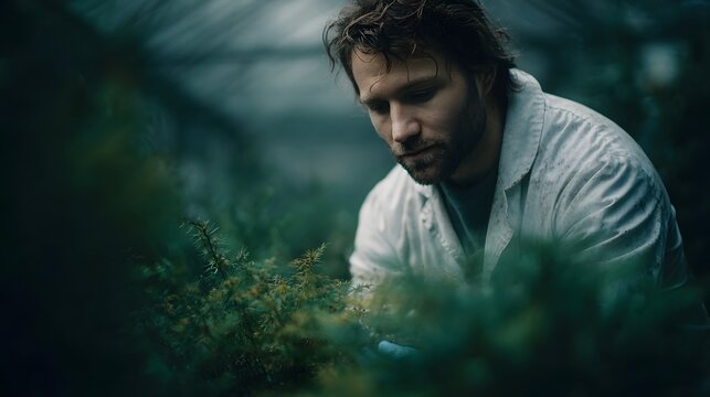 A focused male scientist examines plants in a dimly lit greenhouse conveying a mood of scientific study and growth