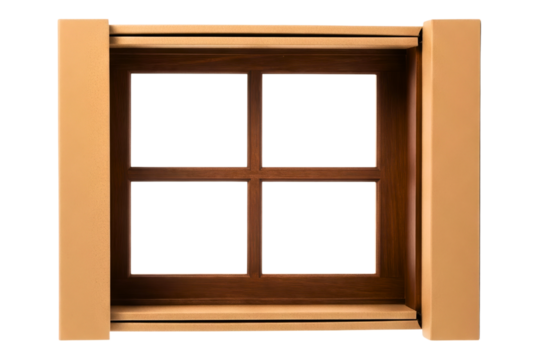 Classic dark wood window frame with four square glass panes isolated on a transparent background