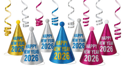 Party hats with 2026 and streamers isolated on transparent background for new year