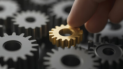 Precision in motion: A golden gear is carefully placed among silver ones, symbolizing strategic alignment and the value of each component for system's peak efficiency.