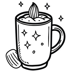 Cozy Mug with a Warm Nut Milk Drink and a Fiery Flame, Evoking Comfort and a Sense of Wonder on a Starry Night, Perfect for Relaxing Evenings or a Gentle Morning Start