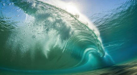 Underwater Majesty: A Powerful Wave Cresting with Sunlit Bubbles and Turquoise Depths