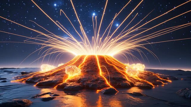 Microwave Energy Interaction with Coal Tar Pitch: A Glowing Plasma Eruption with Radiating Light Beams in a Starry Background