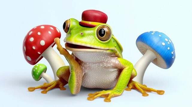 Colorful frog character with a playful expression, wearing a red hat, surrounded by vibrant mushrooms, showcasing a whimsical scene, camera zooms in to capture the charming details and expressions