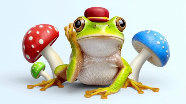 Colorful frog character wearing a red hat, thoughtfully posed among vibrant mushrooms, showcasing whimsical charm and playful expression, with a gradual zoom in enhancing the scene's delightful detail