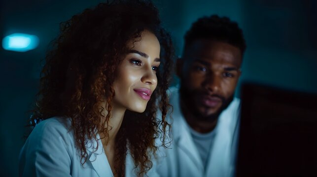 Two researchers collaborate on a project analyzing data on a computer screen in a modern laboratory at night