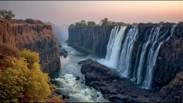 Victoria Falls and Zambezi River in a Deep Gorge with Powerful Waterfalls at Dawn