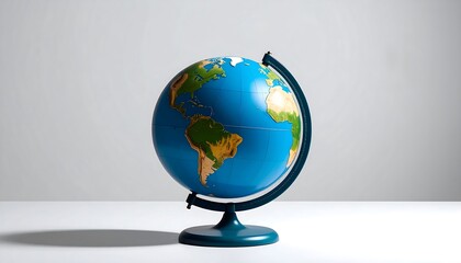 A vibrant, detailed globe model is captured against a stark white background, casting a shadow on the surface below. The illustration is clean and well-lit
