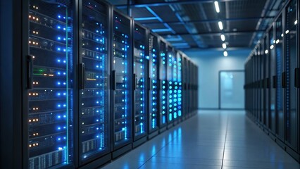 A modern server room featuring rows of illuminated servers, showcasing advanced technology and a sleek, organized environment.