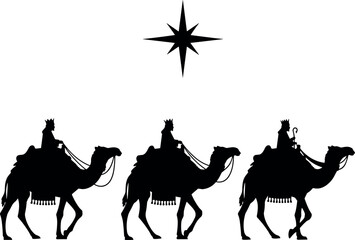 Three Wise Men on Camels Silhouetted with Star