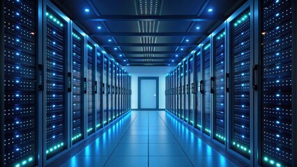 A modern server room features rows of servers illuminated by blue lights, creating a high-tech and organized environment.