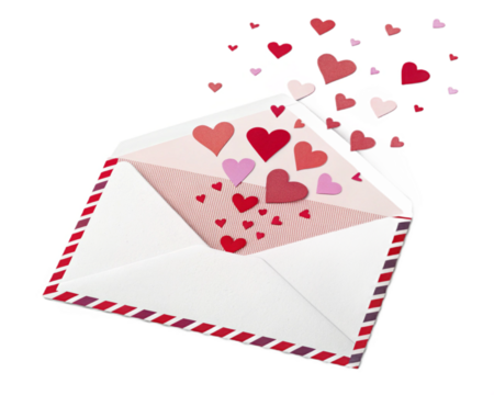 Open envelope overflowing with floating hearts and love letters for romantic expressions isolated on transparent background