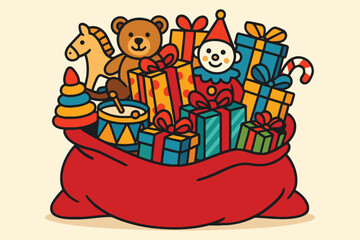 Overflowing red santa sack filled with colorful presents and classic toys for christmas celebration