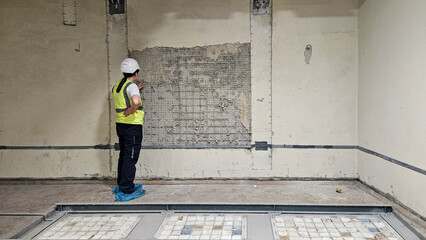 Female engineer in safety vest and helmet inspecting damaged concrete wall with exposed reinforcement